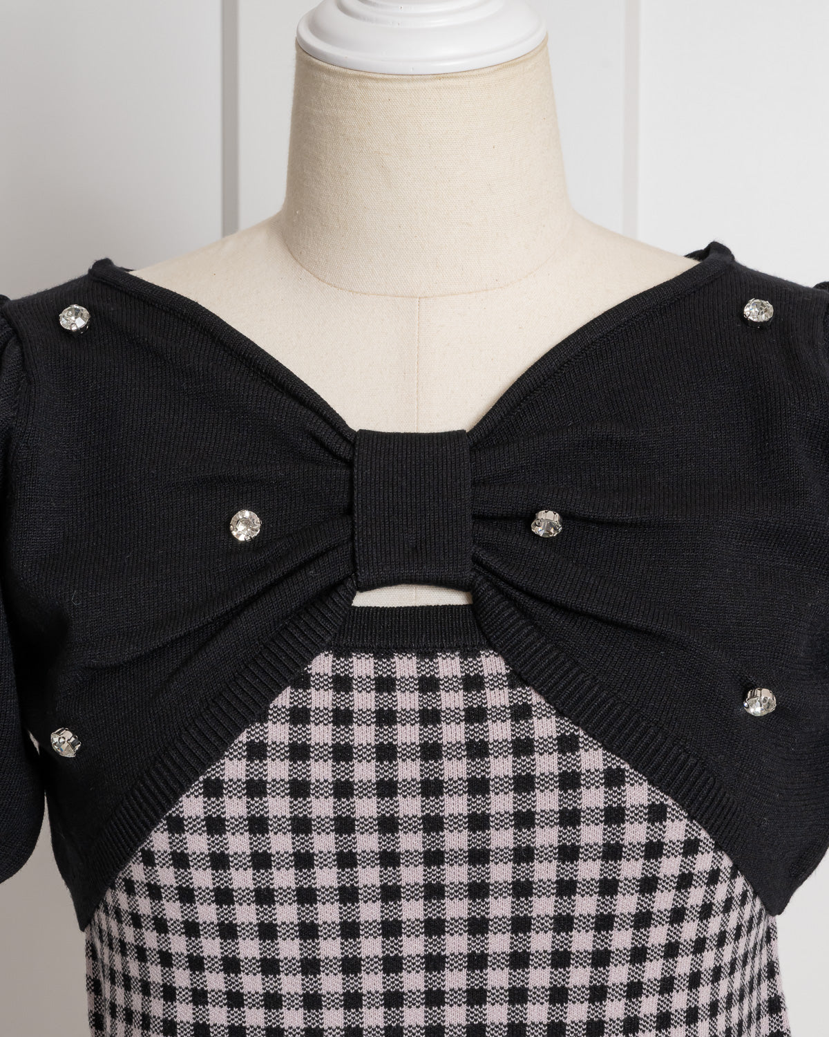 リボン半袖ニット×ギンガムキャミセット