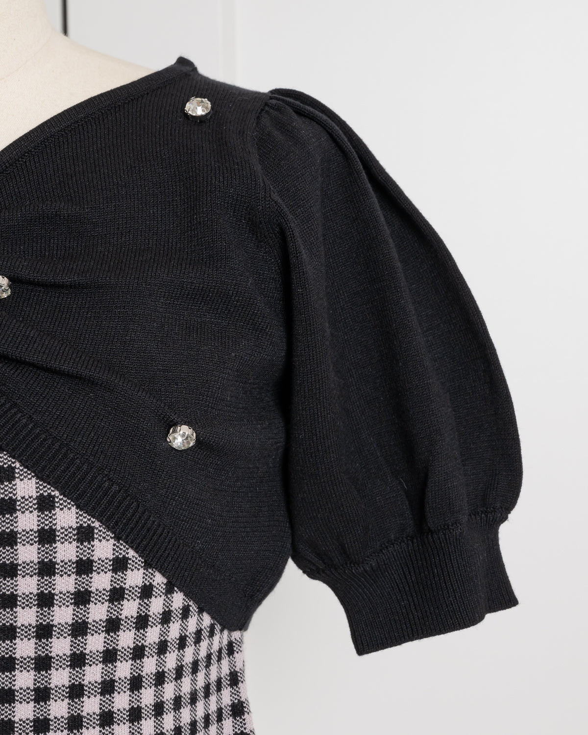 リボン半袖ニット×ギンガムキャミセット