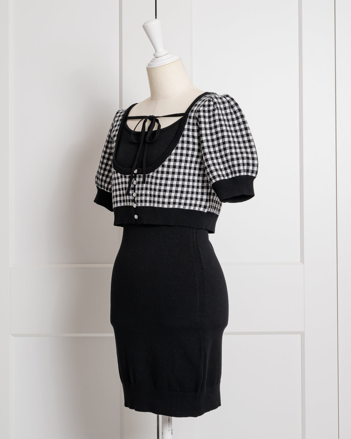 ギンガムレイヤードニットワンピ