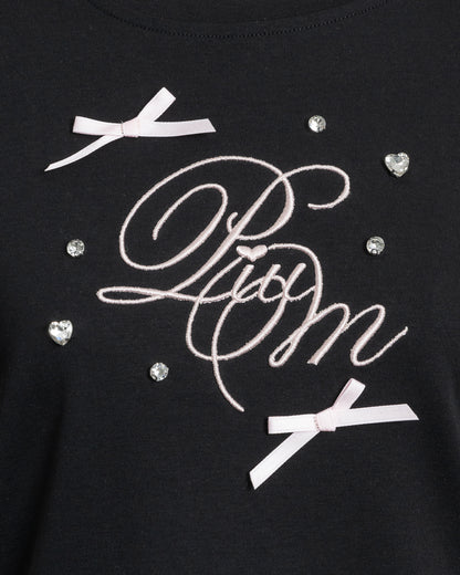 リボンビジューロゴ刺繍Tシャツ