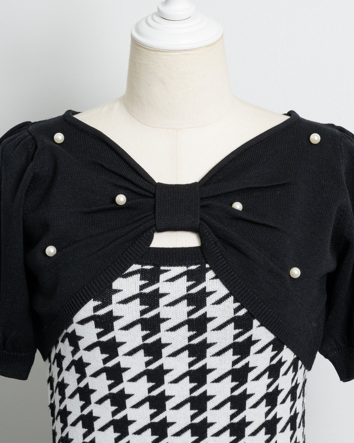 リボンニット×千鳥柄ニットワンピース