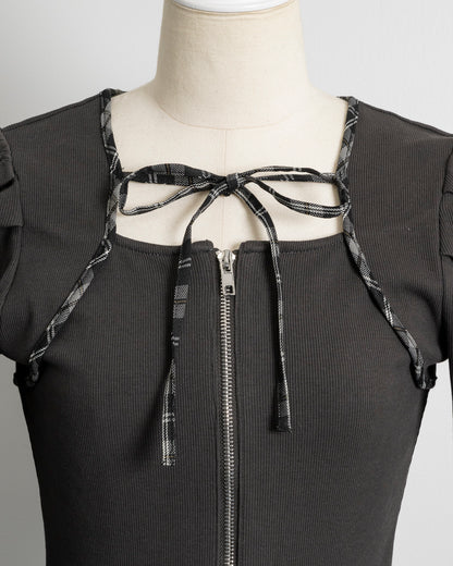 バイカラーチェックカットプリーツワンピース