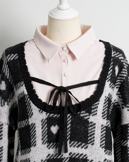 ハートチェックレイヤードニットワンピース