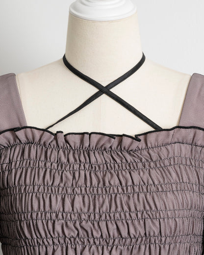 シャーリングチュール長袖フリルブラウス