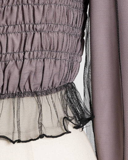 シャーリングチュール長袖フリルブラウス