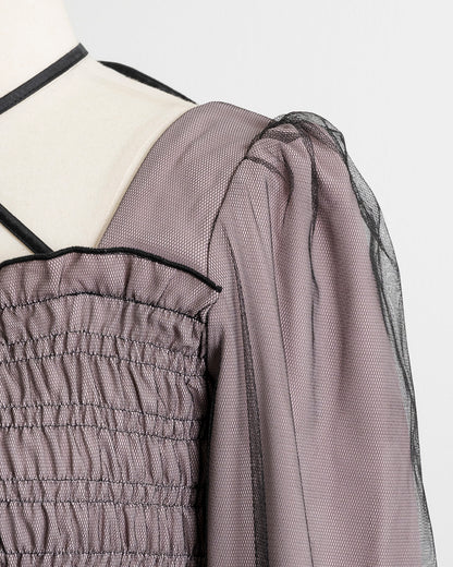 シャーリングチュール長袖フリルブラウス