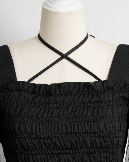 シャーリングチュール長袖フリルブラウス