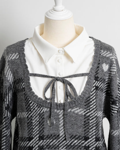 ハートチェックレイヤードニットワンピース