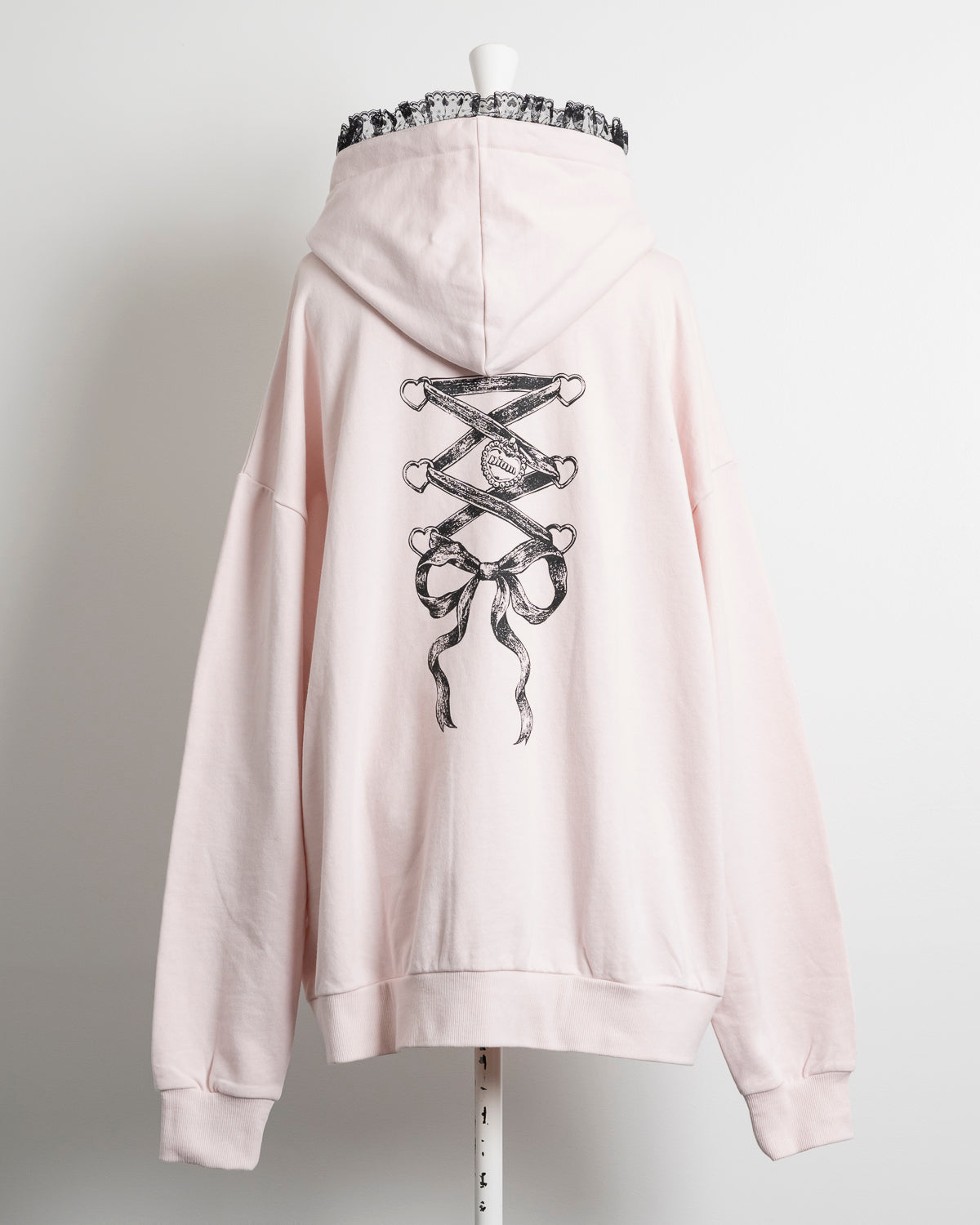 レースアップリボンプリントオーバーサイズパーカー