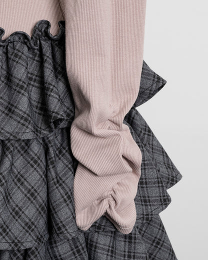 ラウンドフリルティアードリブワンピース