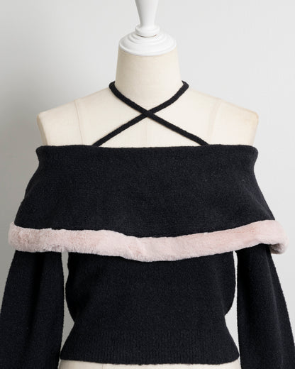 ファー付きオフショルフェザーニット