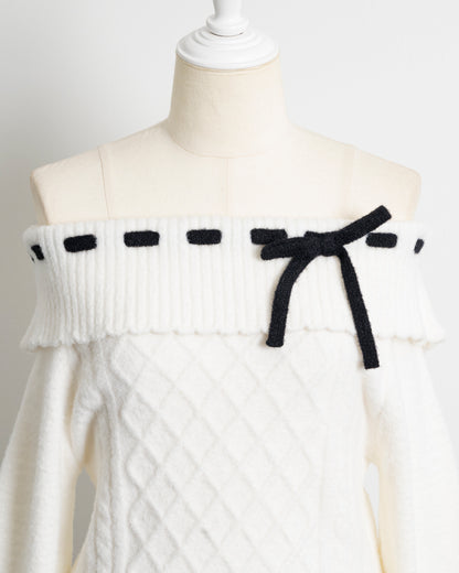 オフショルリボンケーブルニットワンピ