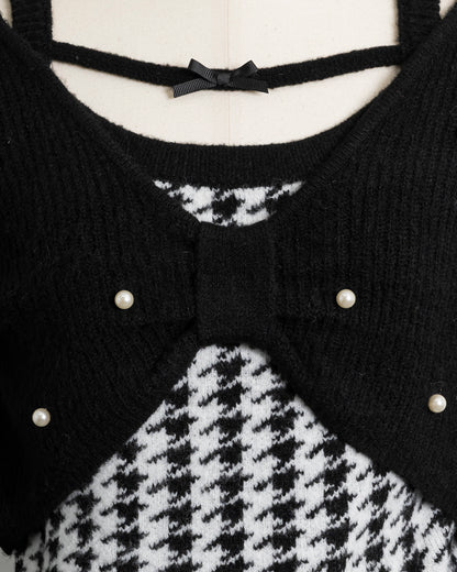 リボンレイヤード千鳥柄ニットワンピ