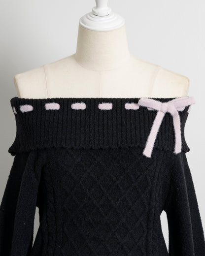 オフショルリボンケーブルニットワンピ