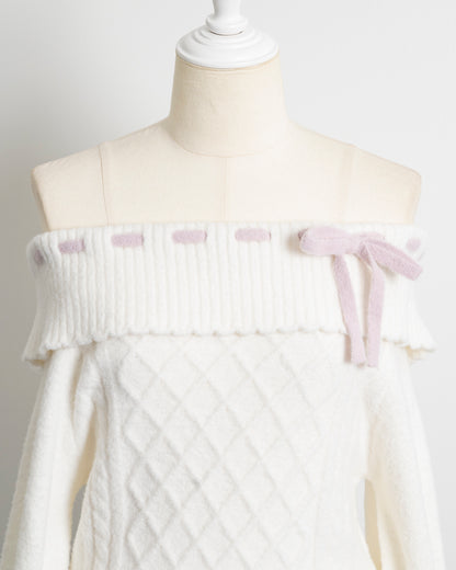 オフショルリボンケーブルニットワンピ