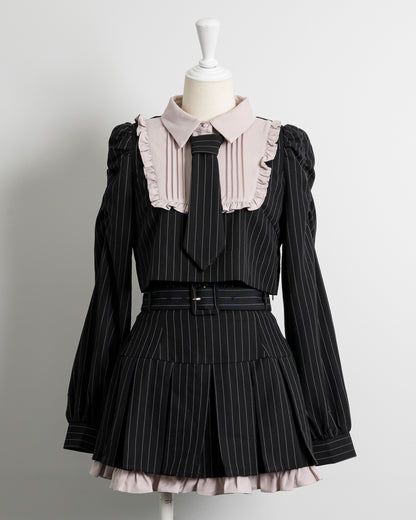 ネクタイ付きスクエアフリル長袖トップス