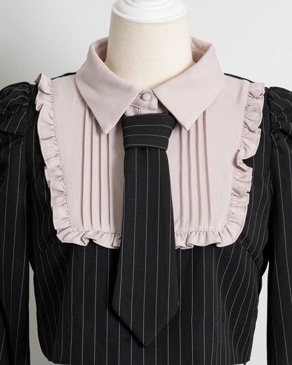 ネクタイ付きスクエアフリル長袖トップス