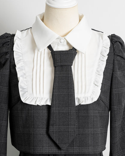 ネクタイ付きスクエアフリル長袖トップス