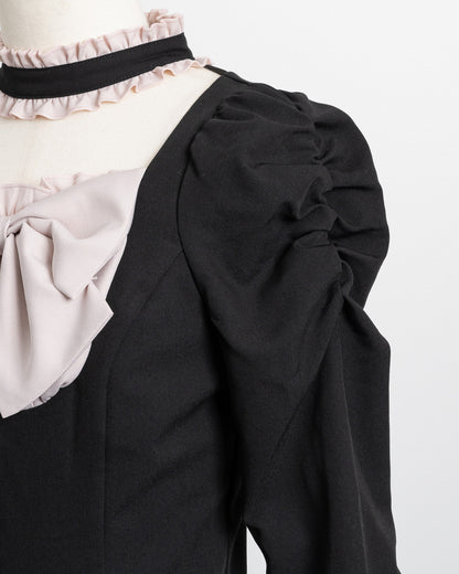 フロントリボンチョーカーティアードミニワンピ