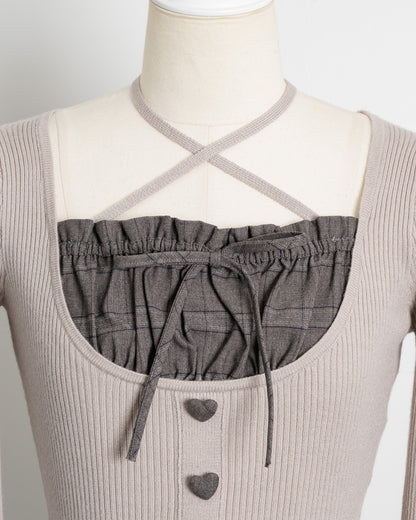 ヨーク切替ハートボタン長袖ニット