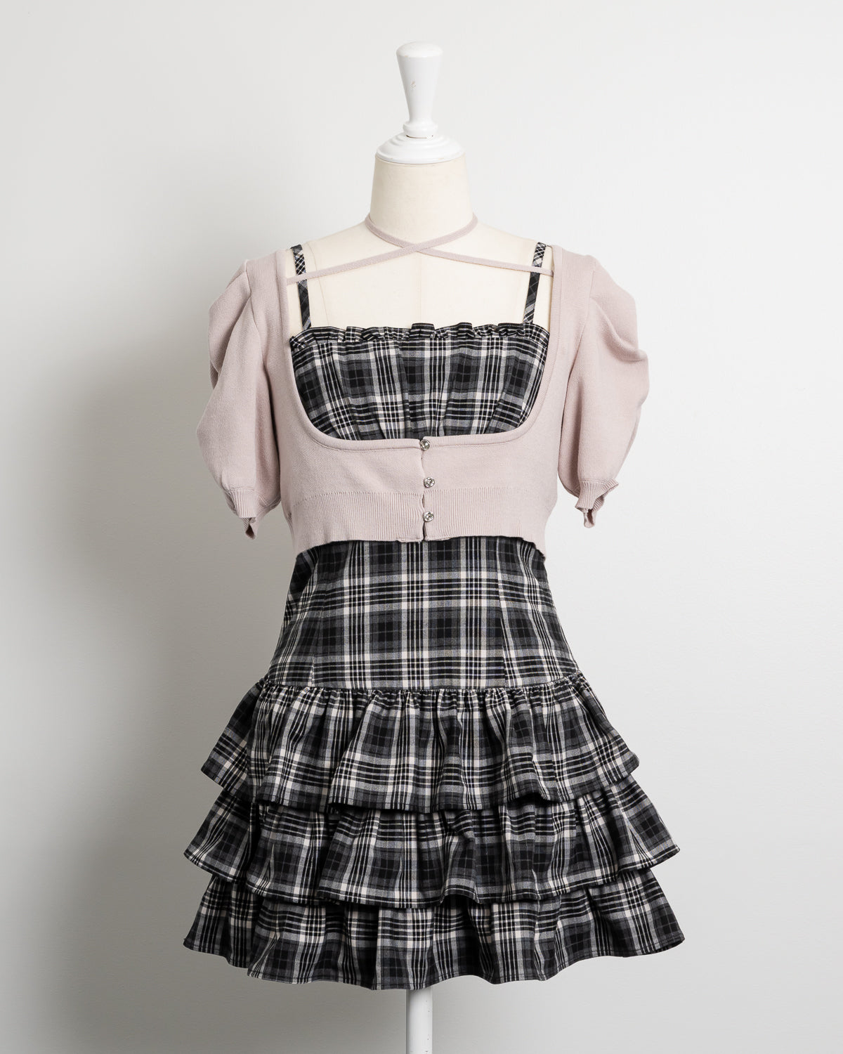 半袖ビジューカーデ×チェックワンピセット – pium
