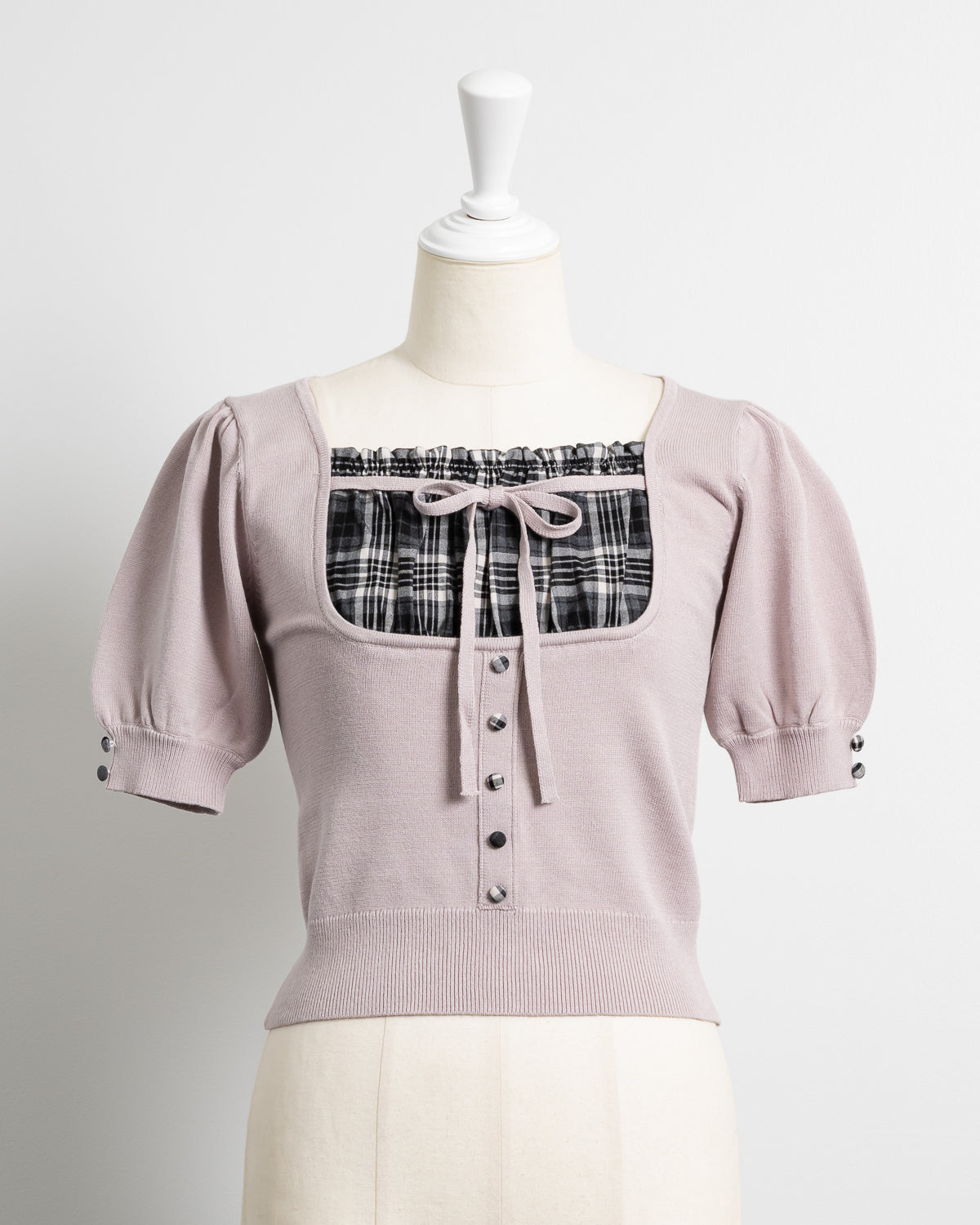 チェックレイヤードフロントリボンニット – pium