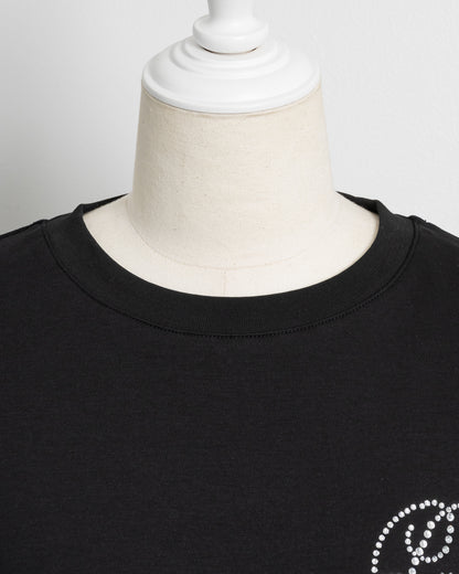 ラインストーンリボンロゴオーバーサイズ半袖Tシャツ