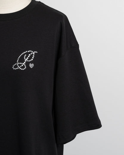 ラインストーンリボンロゴオーバーサイズ半袖Tシャツ