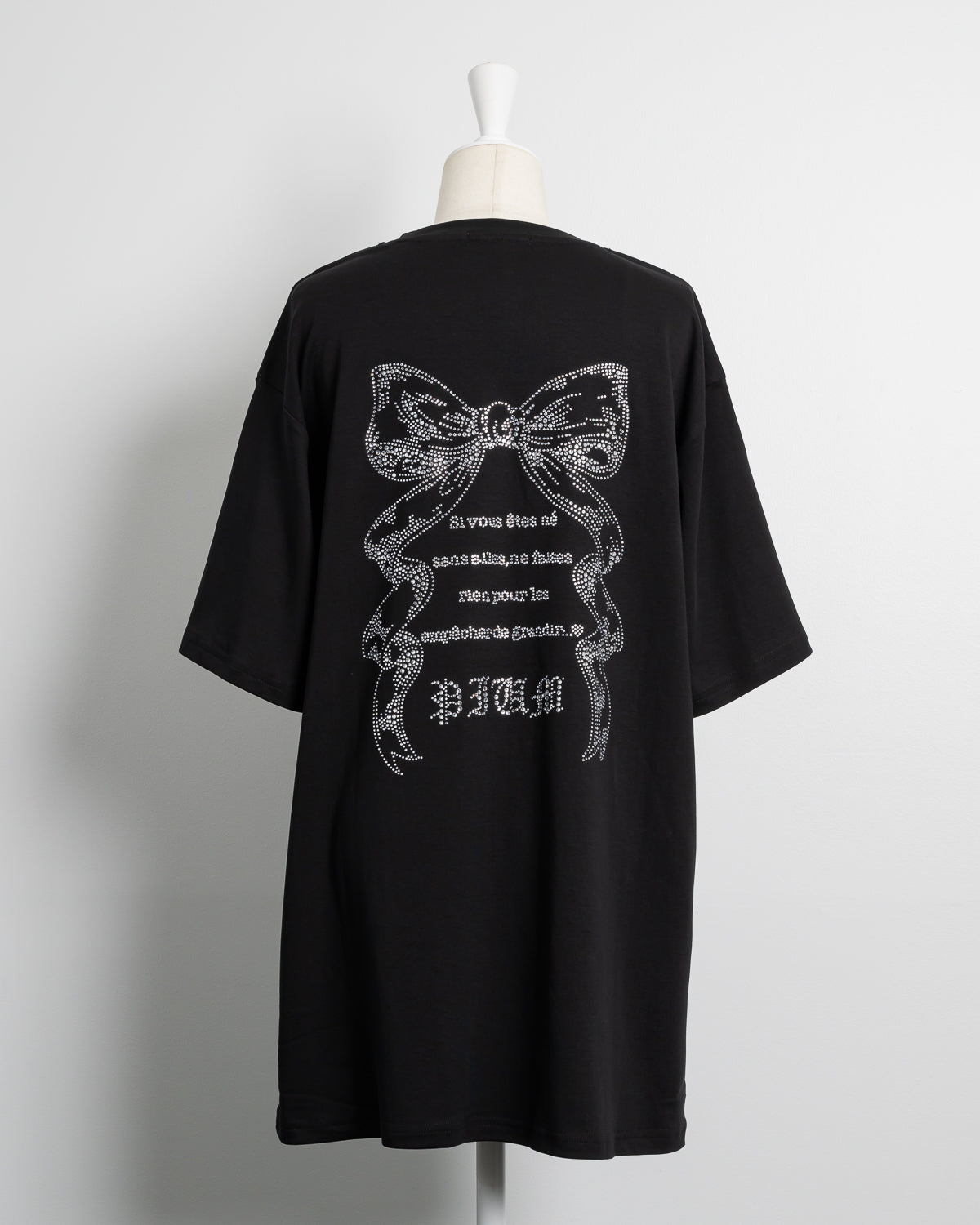 ラインストーンリボンロゴオーバーサイズ半袖Tシャツ