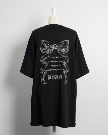 ラインストーンリボンロゴオーバーサイズ半袖Tシャツ