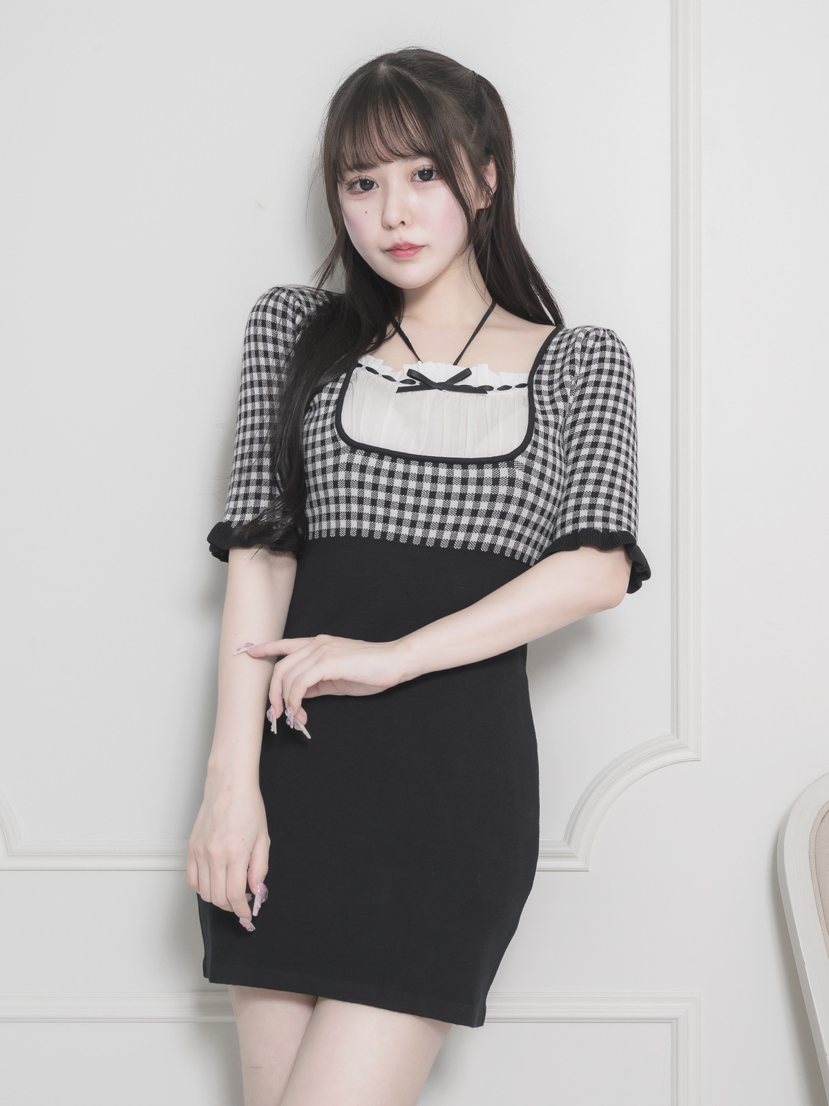 pium ドーリーギンガムニットカフェワンピ ブラック ドーリーギンガムニットカフェワンピ – pium