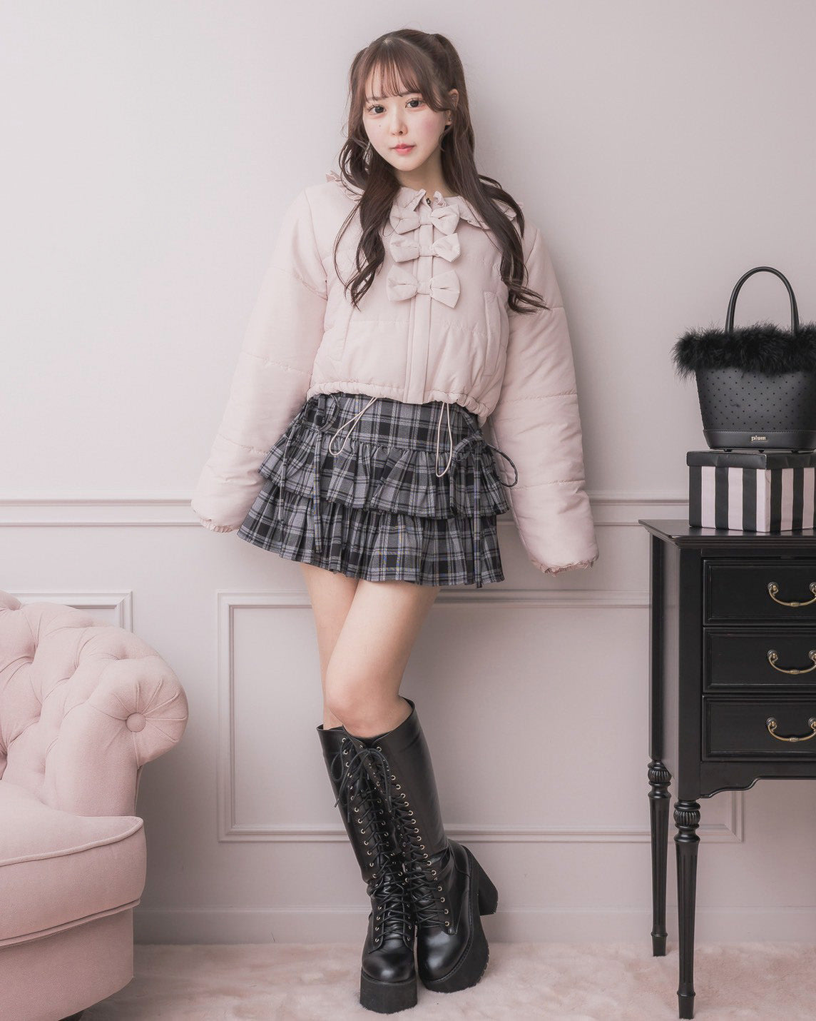 フリルカラーリボン中綿ショートコート – pium