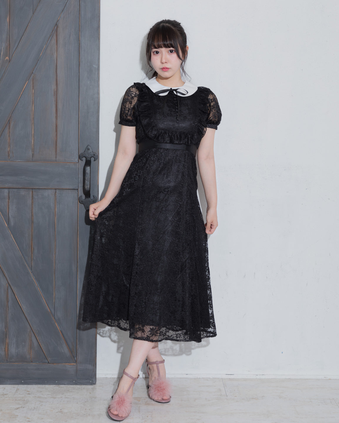 ラウンドフリル総レースロングワンピ