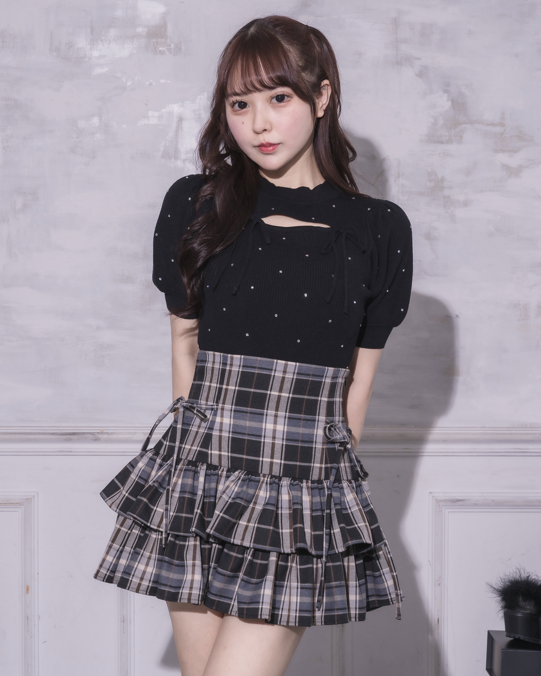 最終値下げ】pium ドーリーギンガムニットカフェワンピ ライト 最終値下げ】pium ドーリーギンガムニットカフェワンピ ライト