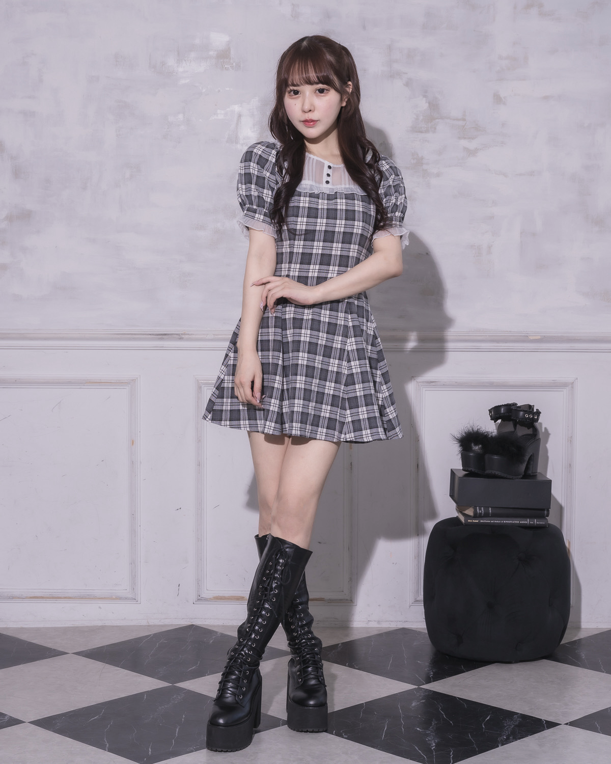 モデル身長:157cm/着用カラー:アイボリーチェック