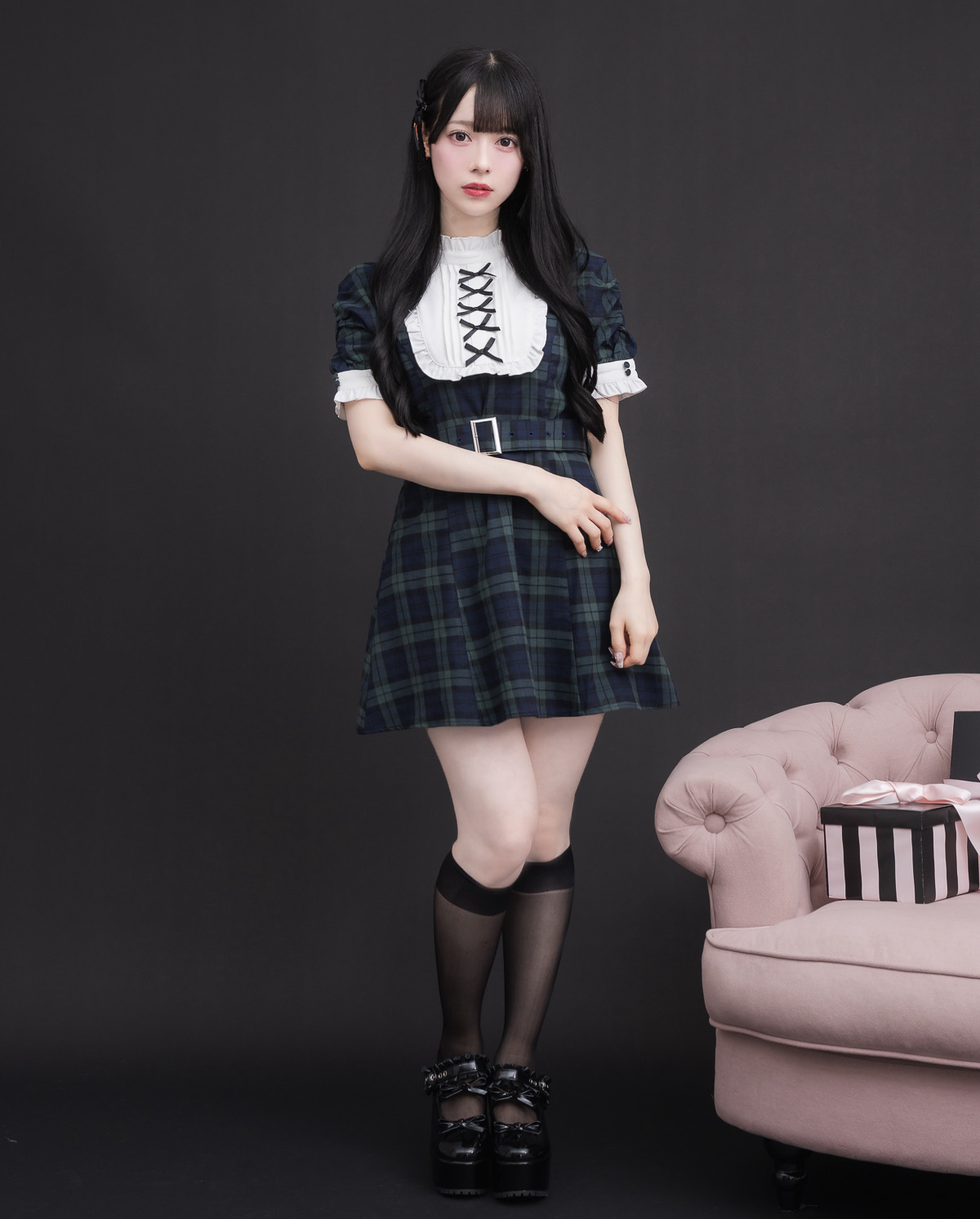 モデル身長：155cm/着用カラー: グリーンチェック