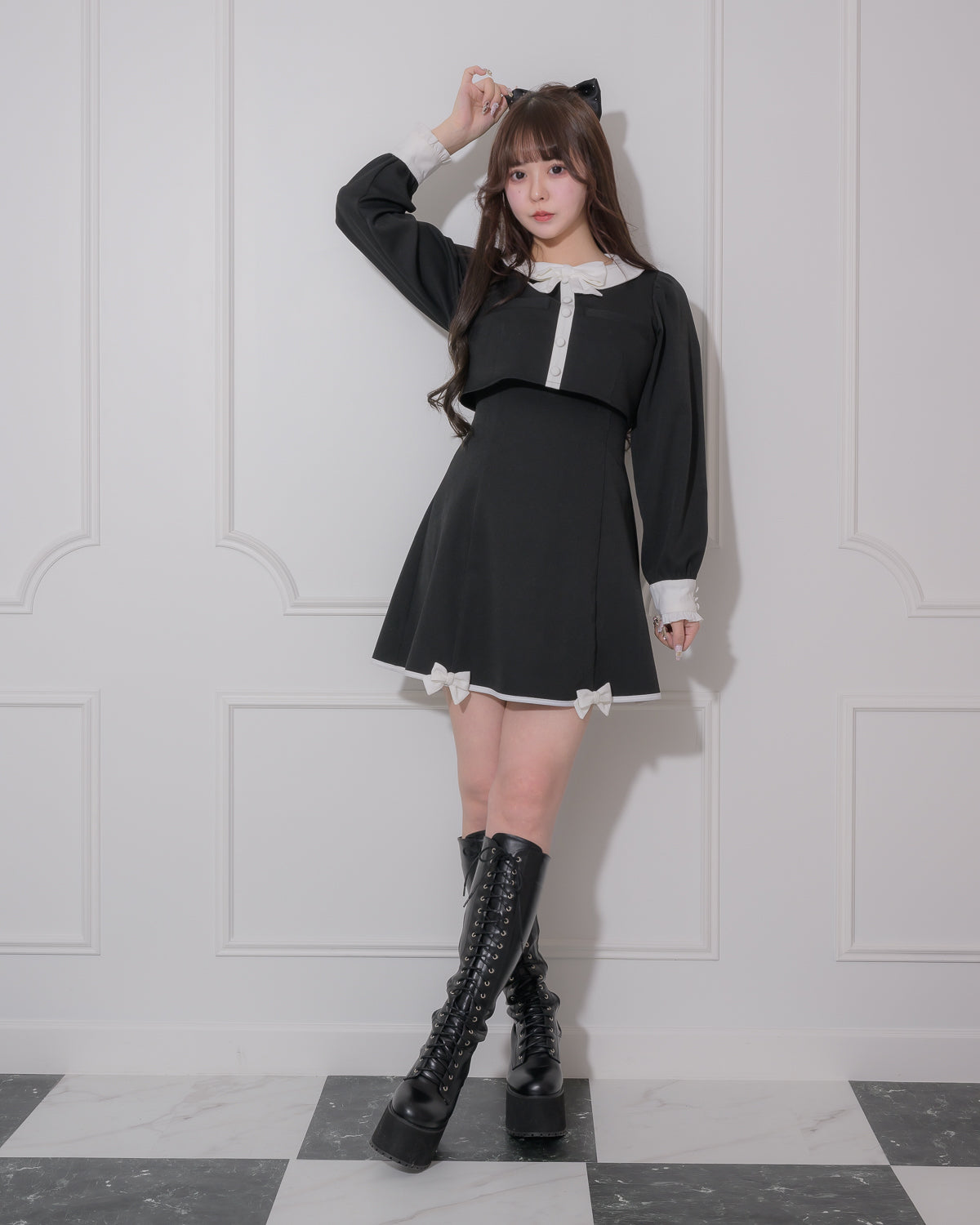 バイカラーリボンレイヤードフレアワンピ