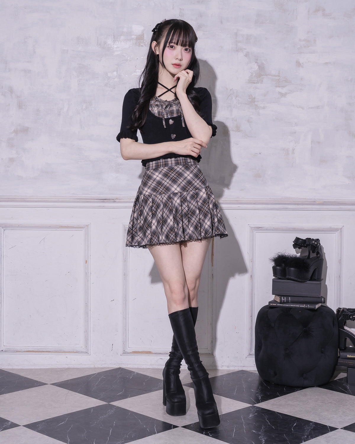モデル身長：159cm/着用カラー：ブラウンチェック