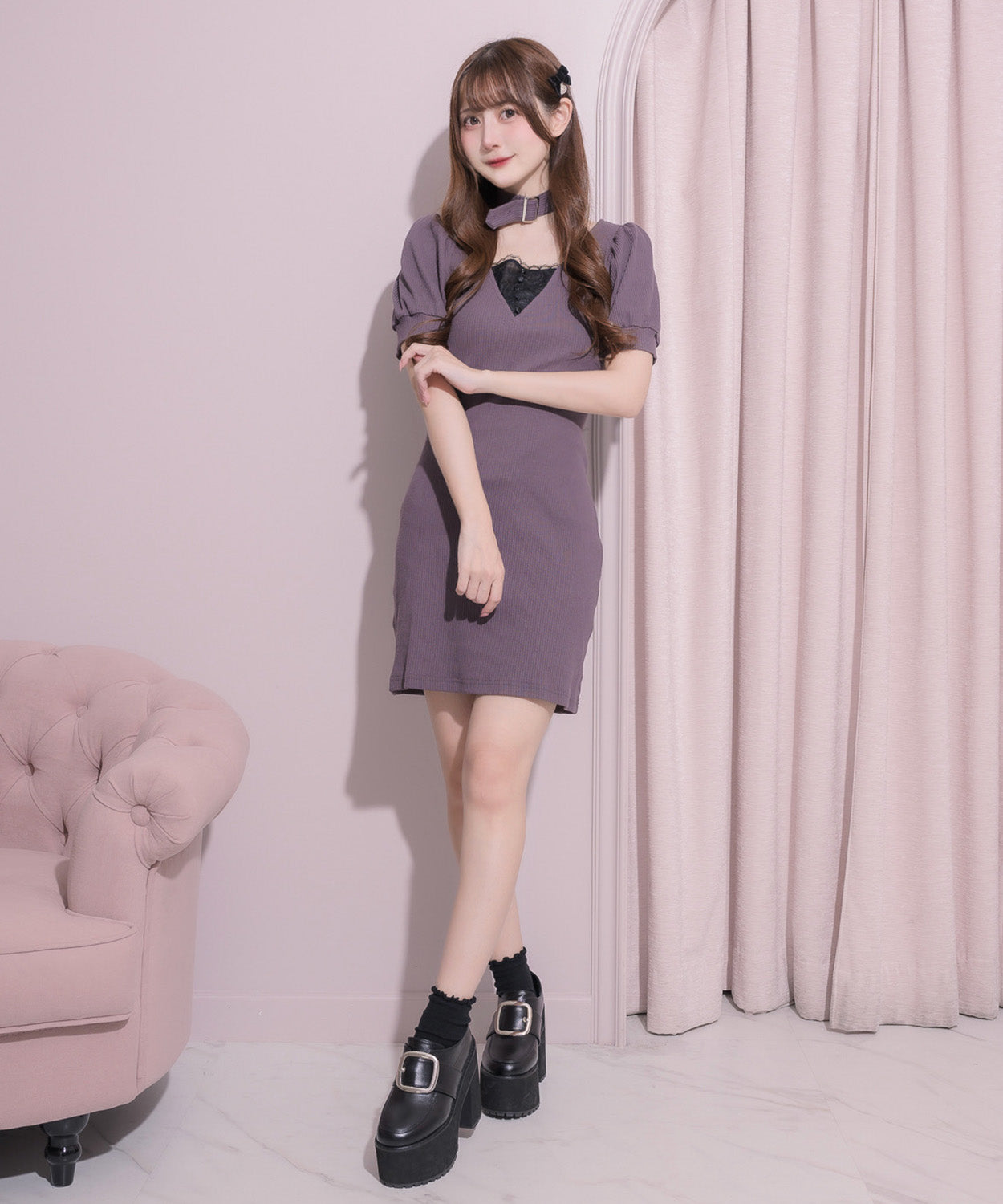 バックリボンチョーカーカットワンピース