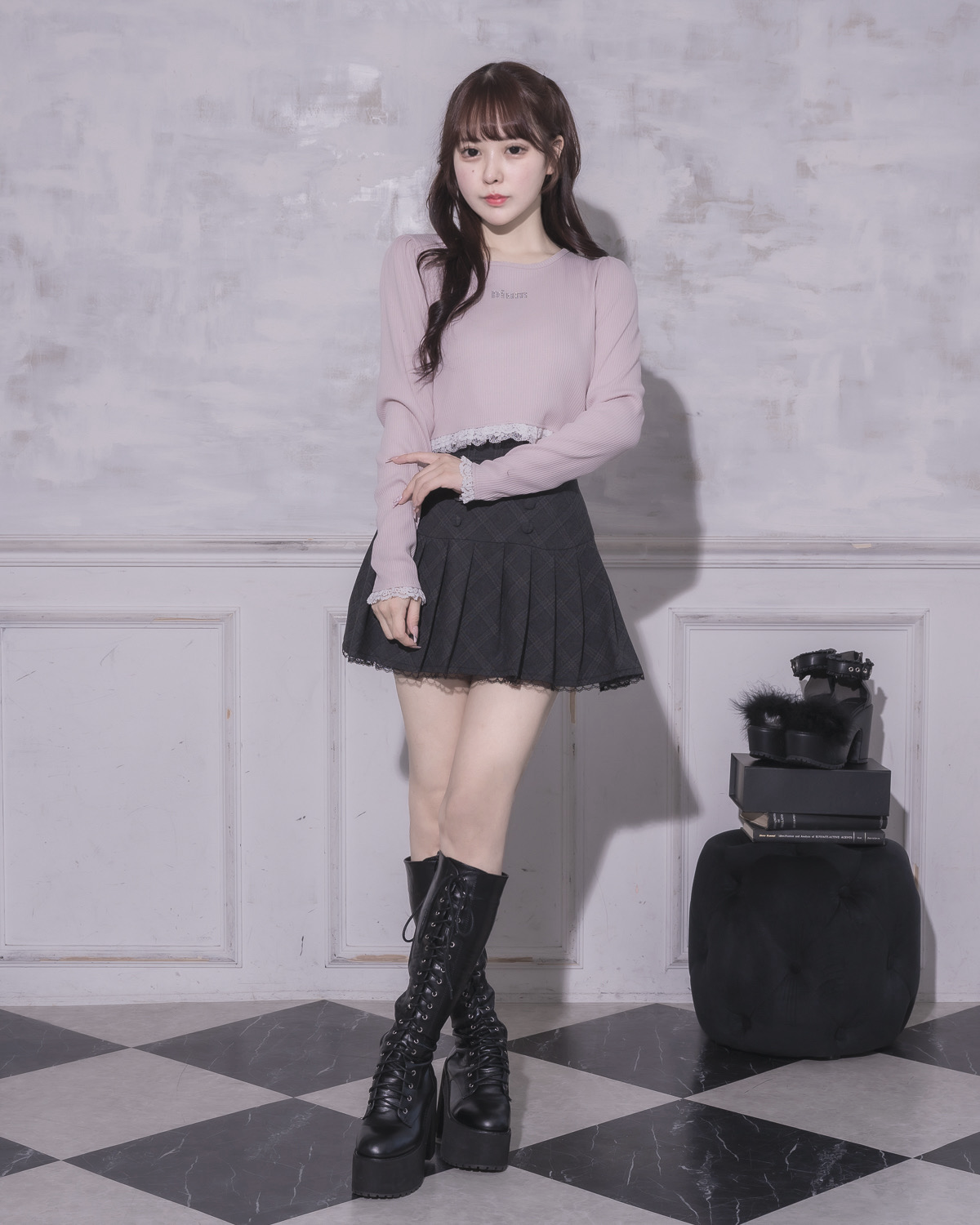 モデル身長：157cm/着用カラー：ブラックチェック