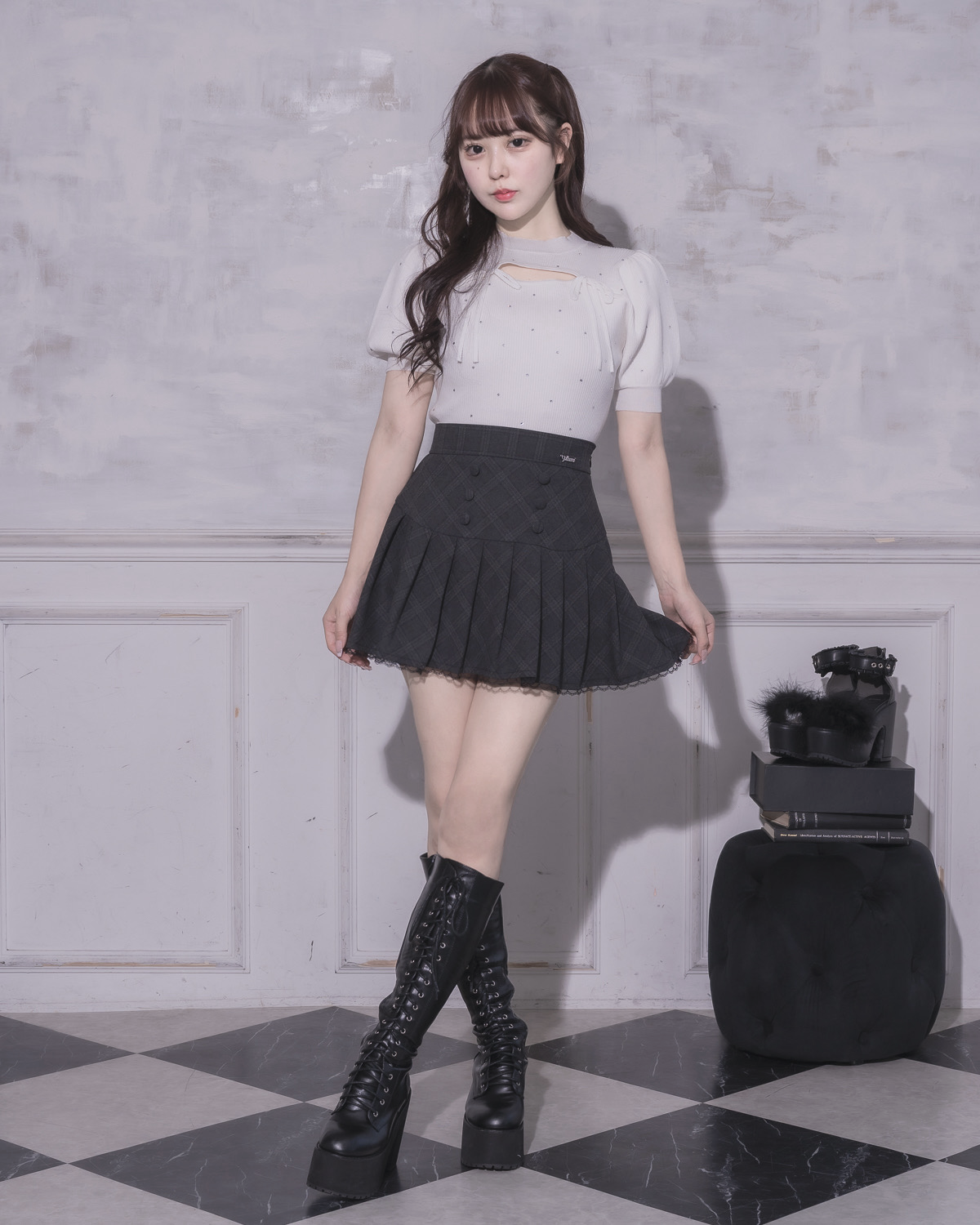 フロントボタンチェックプリーツミニスカート – pium フロントボタンチェックプリーツミニスカート – pium