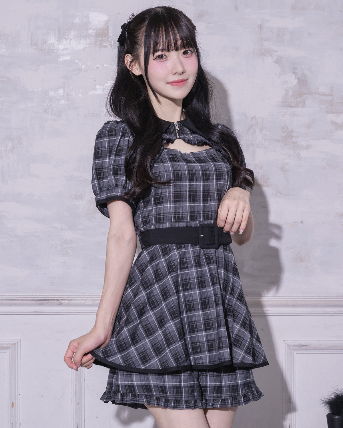 モデル身長：159cm/着用カラー:ブラックチェック
