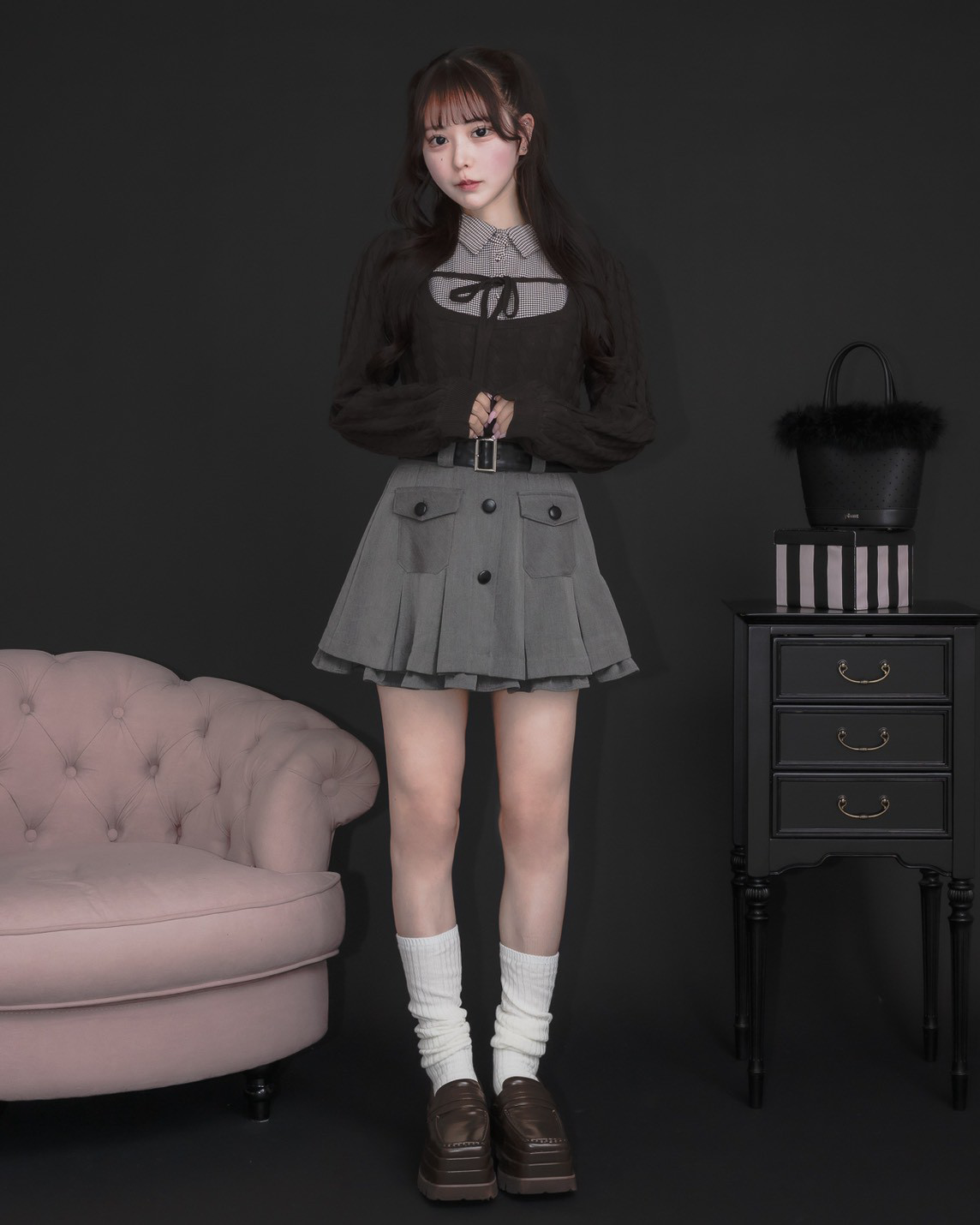 レザーベルトプリーツミニスカート