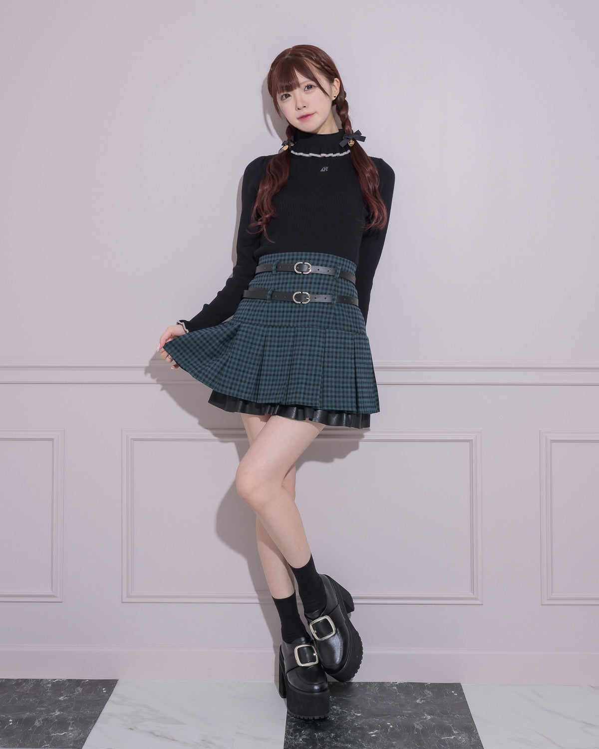 ダブルベルトプリーツミニスカート