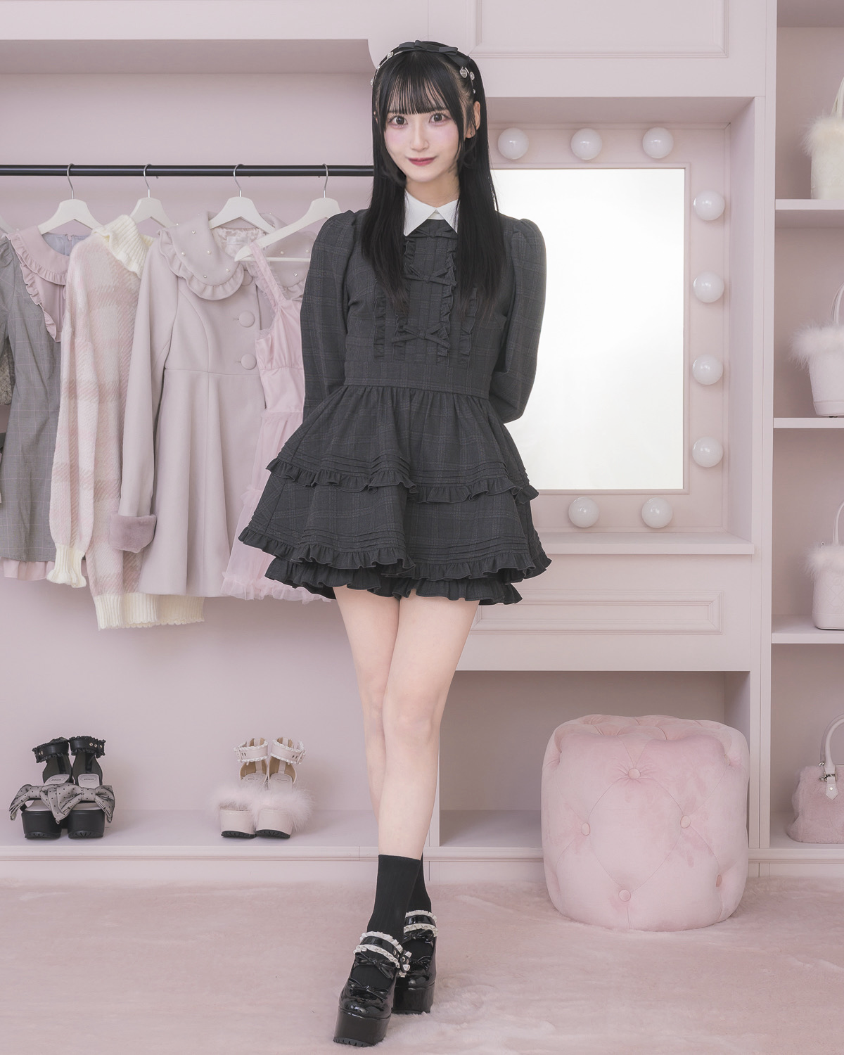 モデル身長:157cm/着用カラー:ブラックチェック