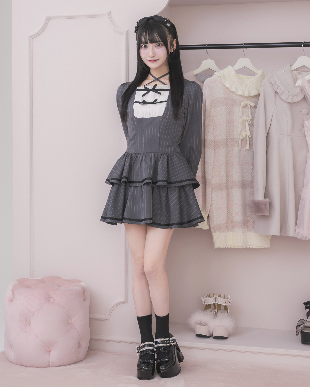 モデル身長:157cm/着用カラー:グレーストライプ