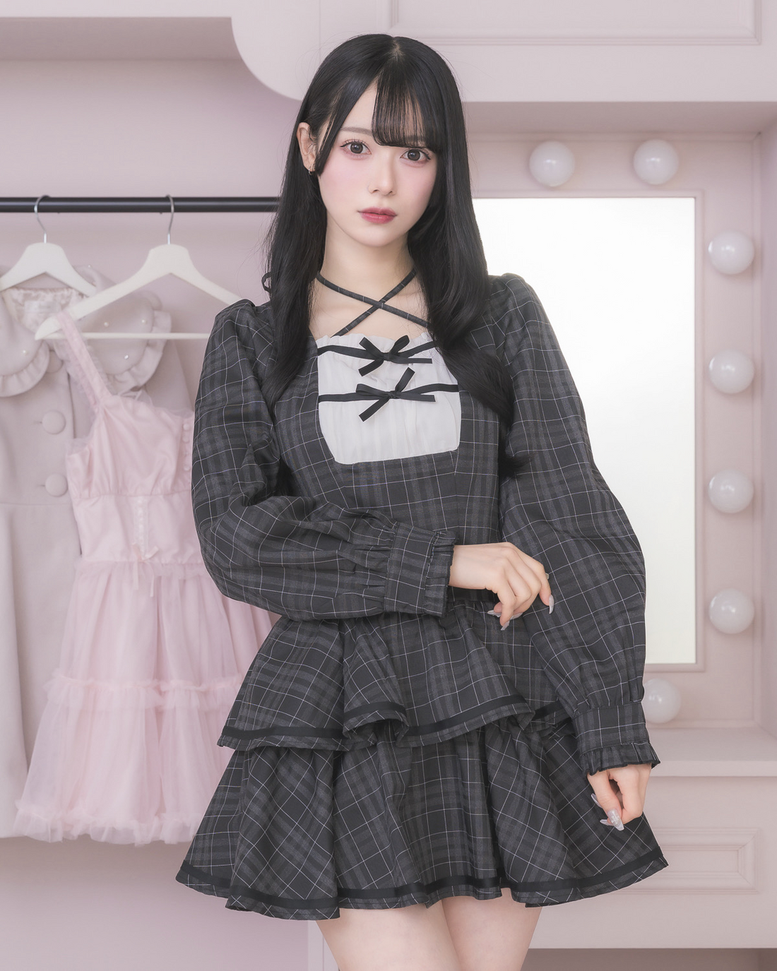 モデル身長：155cm/着用カラー:ブラックチェック