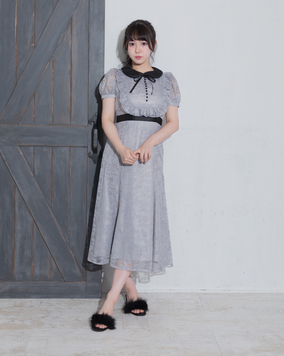 ラウンドフリル総レースロングワンピ