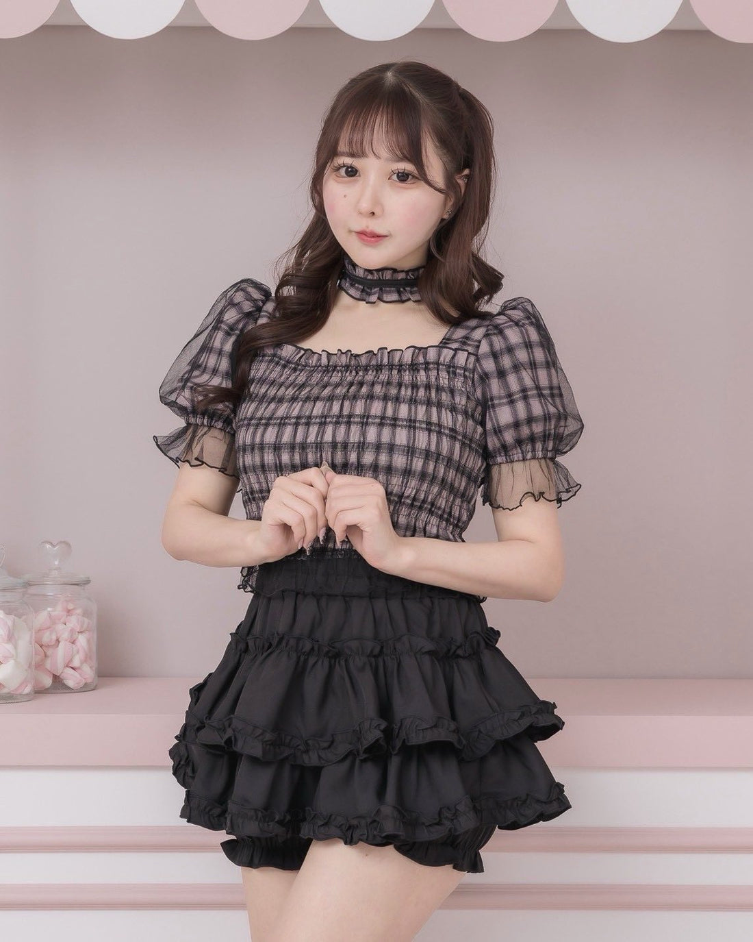 モデル身長：157cm/着用カラー : ピンクチェック