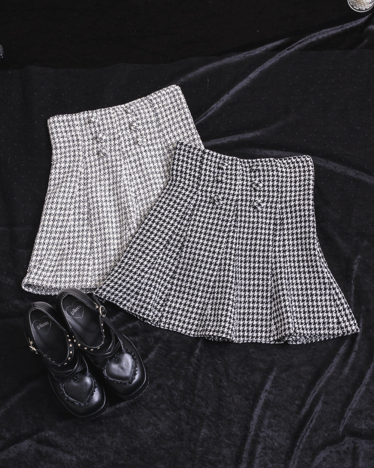 フロントボタンツイードフレアスカパン